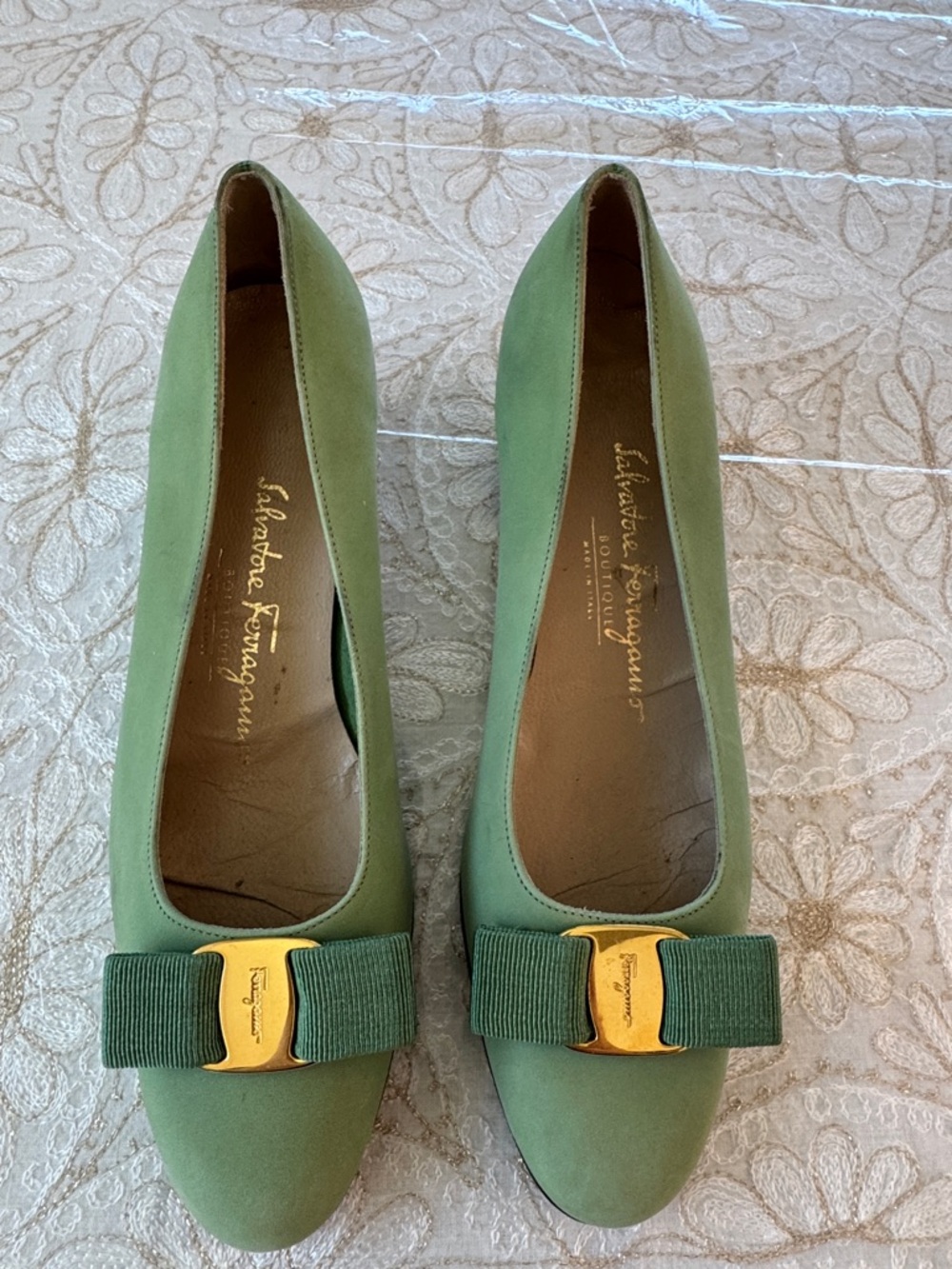 Salvatore Ferragamo Green Suede Vara Bow Pumps with Gold Accent